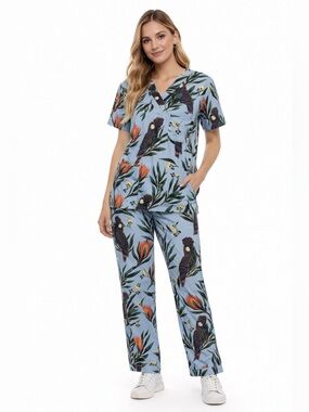 Light Blue Parrot Floral Scrub Set